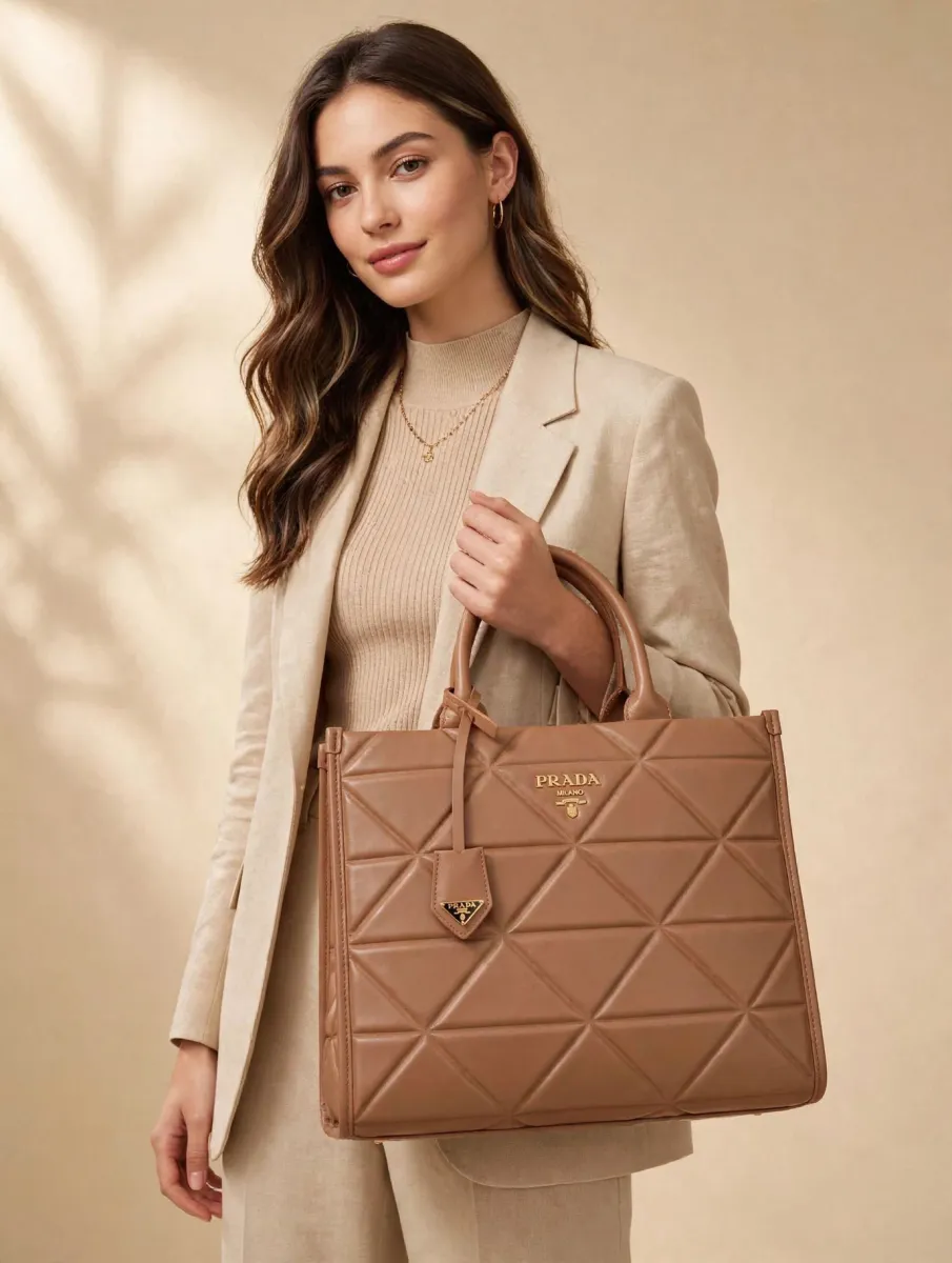 Prada Quilted Symbole Tote Bag - Tan Brown