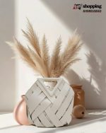 Cream woven triangle handle handbag for women – stylish basket design purse for casual and party use